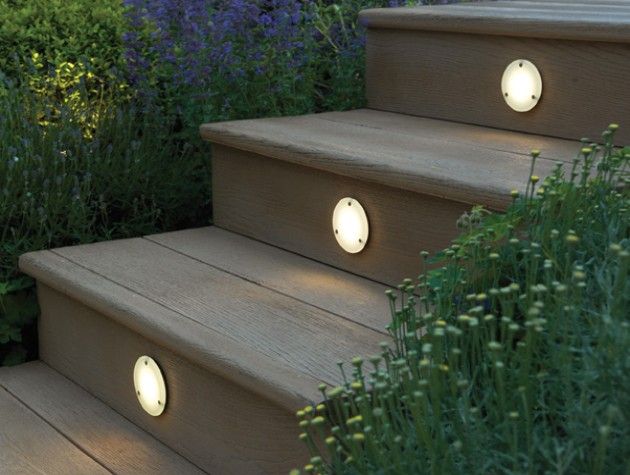 lights set in wooden outdoor stairs