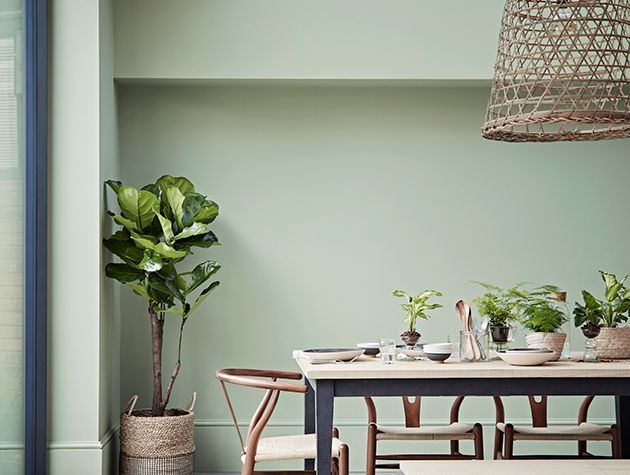 green dining room with potted plants