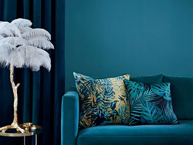 shades of blue with feather lamp