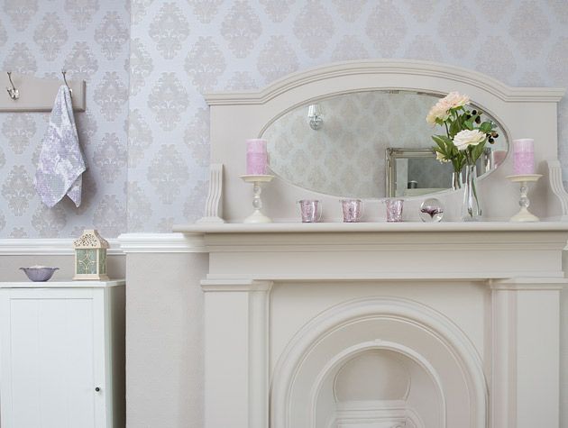 Before and after traditional bathroom with vintage wallpaper 5