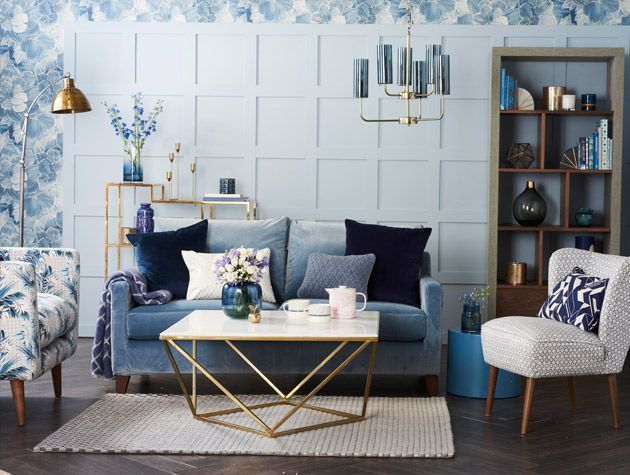 Calming blue velvet and soft grey living room 3