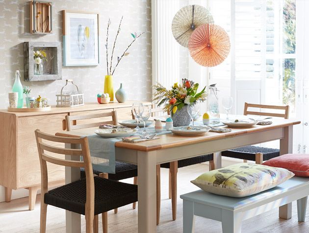 Spring dining room scheme with light wood and pale painted furniture 2