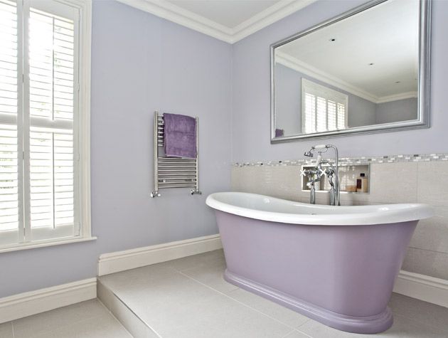 Before and after Converted en suite with bold lilac tub 1