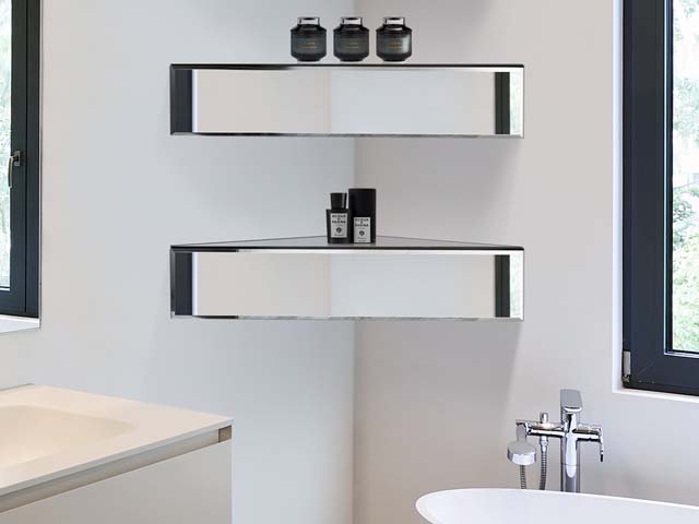 mirrored floating shelves by myfurniture as a storage idea in a white bathroom