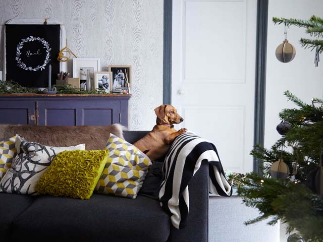 sofa with cushions and a christmas tree in a real home