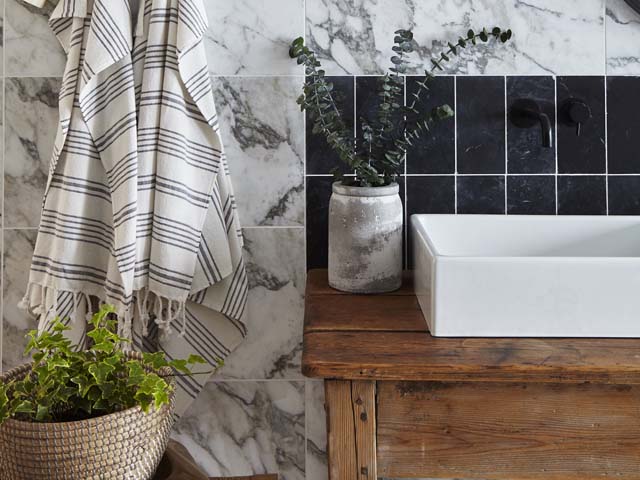 houzz of 2018 bathroom with houseplants, marble tiles
