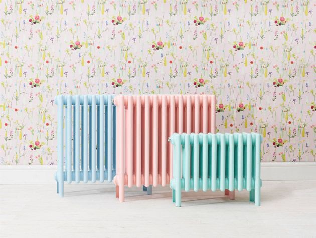 bisque pink blue and green radiators in floral scheme bathroom