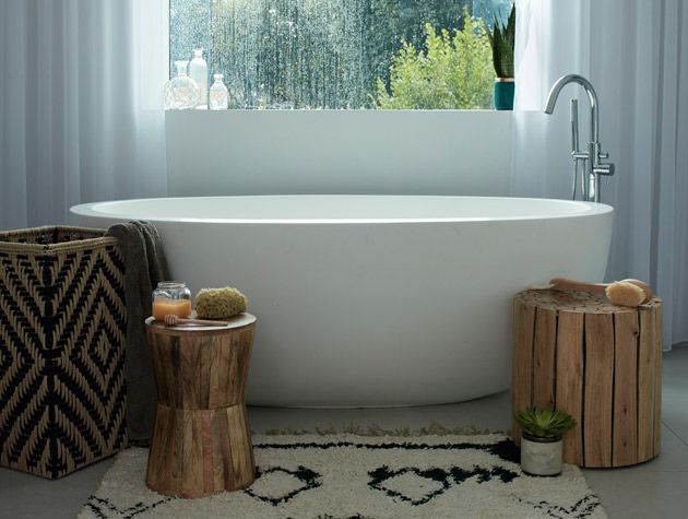 freestanding bath with wooden interiors