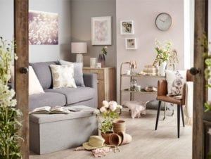 pale pink living room scheme with grey sofas rustic