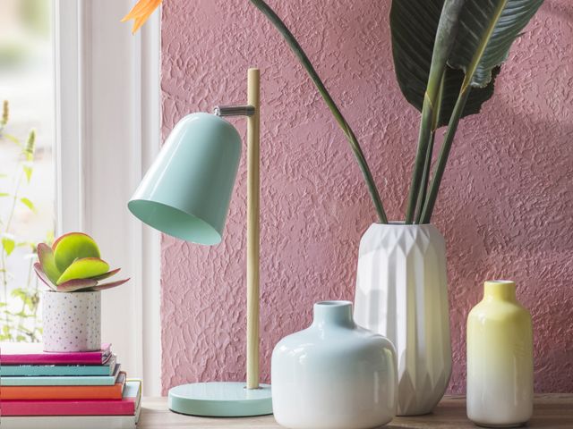 a blue and wood desk lamp, white vase, yellow ombre vase from the capri ss18 range at Tesco