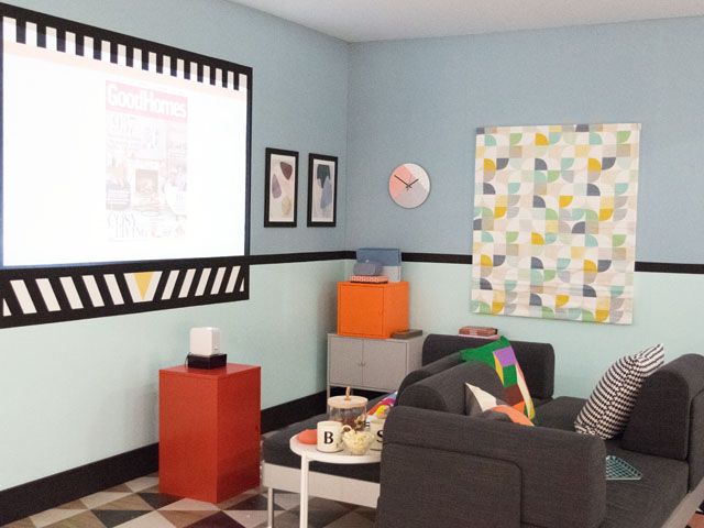 media room featuring multi functional furntiure at the good homes roomset at ideal home show 2018 projector