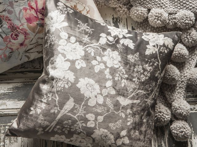 Tesco silver baroque style cushions and grey pom pom blanket from their ss18 jardin homeware collection