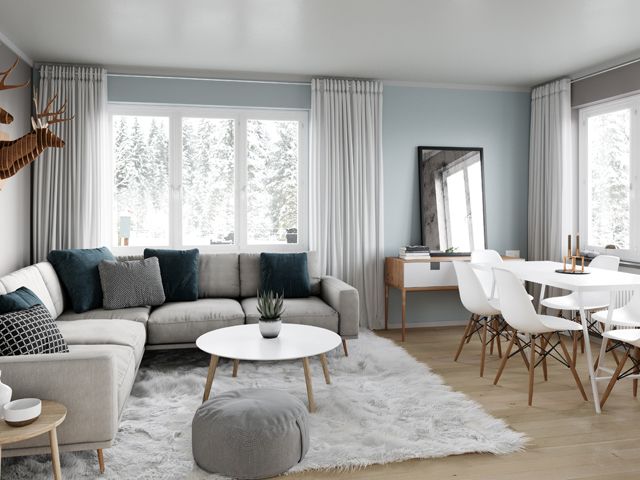 Scandinavian style living room with white, grey and muted pastel colours