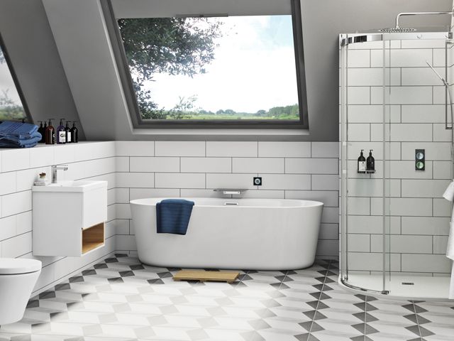 bathroom with black and white floor tiles and a skylight window - smartap home tech shower controls - control shower with SmarTap - bathroom - goodhomesmagazine.com