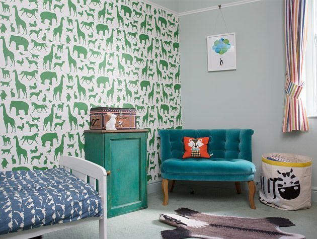green and teal scheme kids bedroom with animal print theme