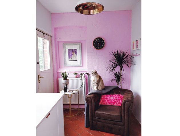 pink feature wall in white kitchen with copper ceiling lighting brown arm chair