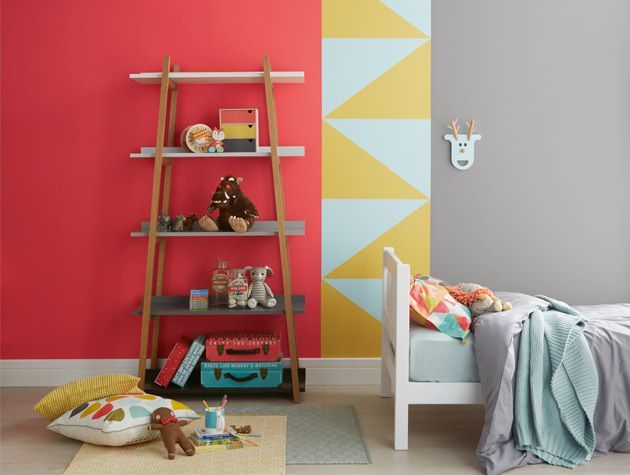 red yellow blue geometric painted walls in kids bedroom crown paints