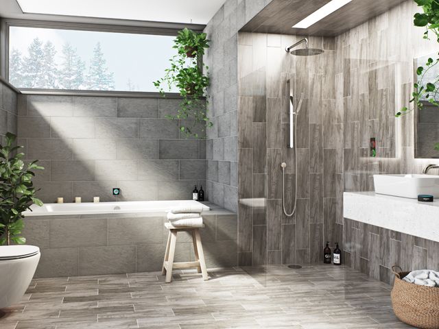 grey tiled bathroom with shower, bath and sink integrated smartap digital home system