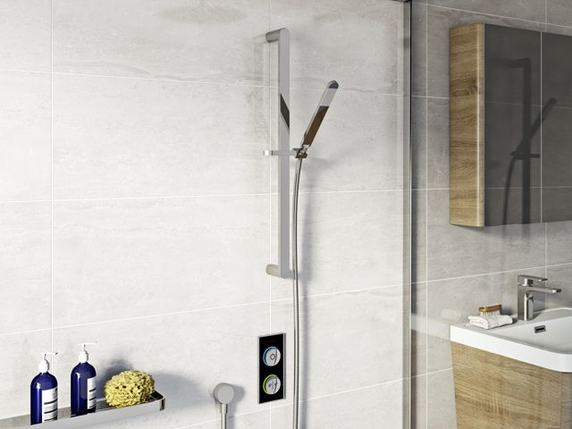 smarTap controls in a shower in a white and wood bathroom - reasons to control your shower and bath with SmarTap - bathroom - goodhomesmagazine.com