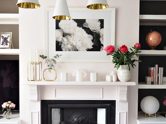 Interior design blogger Lustliving's living room with fireplace and new alcoves