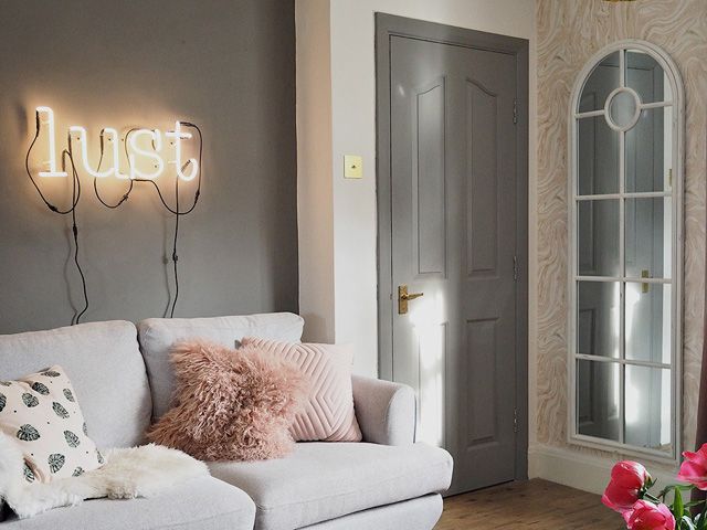 Lustliving blogger's sofa and mirror in her living room for interior design project revamp restyle reveal