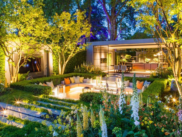 eco city garden designed by Hay Juong Hwang and sponsored by LG at night at chelsea flower show 2018