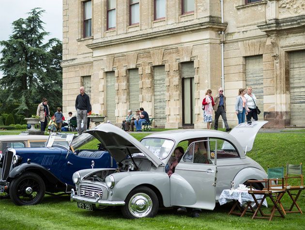 grey and blue vintage cars outside brodworth hall classic car show doncaster