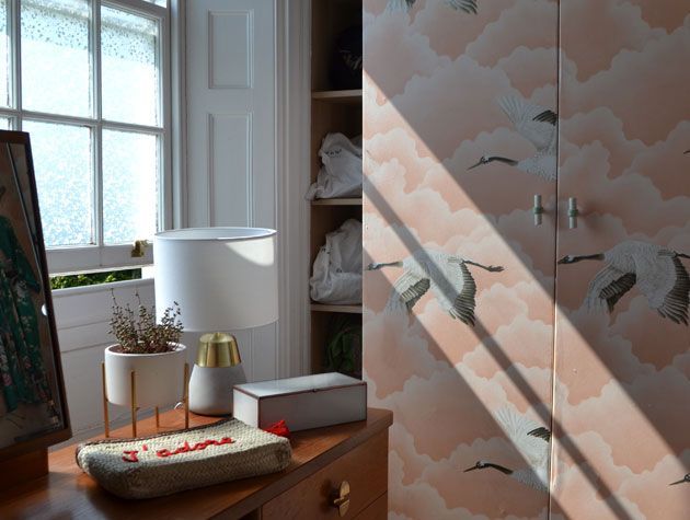 pink cloud wallpaper with birds on on wardrobe in dressing room