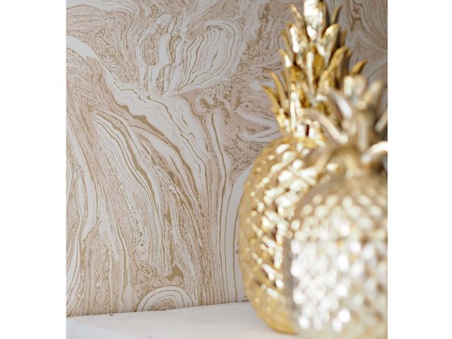wood effect wallpaper and gold pineapples in blogger Lust Living 's revamp restyle reveal makeover project living room