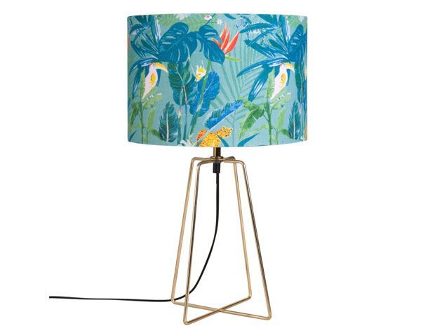 gold metal lamp with tropical print lamp shade 