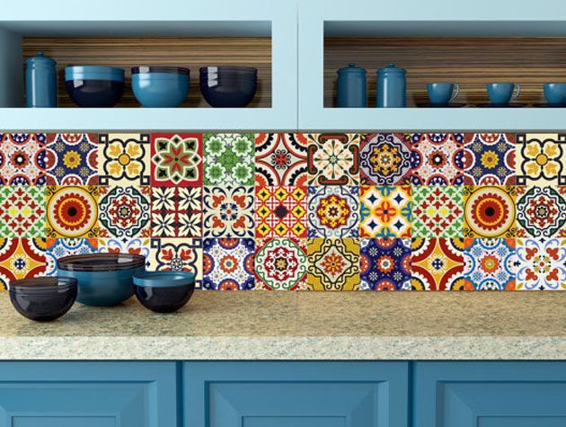 mexican tiles on blue kitchen worktop