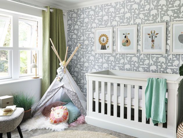 Gender neutral baby bedroom decorated with a teepee, grey animal wallpaper and mint furnishings styled by Giovanna Fletcher and Wayfair -bedrooms-goodhomesmagazine.com