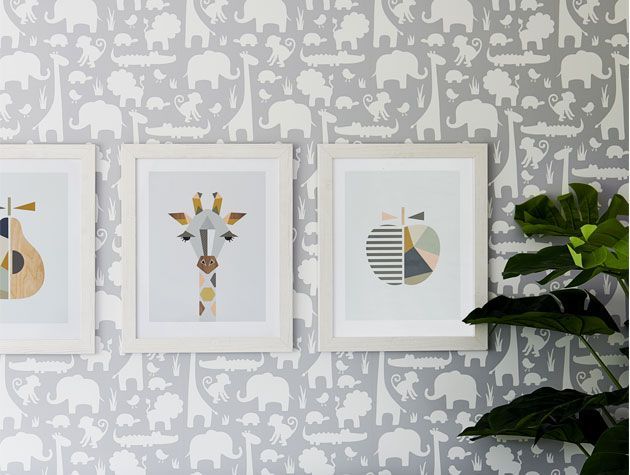 Grey and white jungle themed wallpaper and animal wall art in gender neutral kids bedroom designed by Giovanna Fletcher and Wayfair -bedrooms-goodhomesmagazine.com
