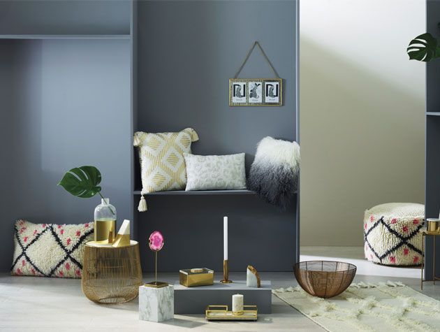 Dusky blue and white living room with cushions footstools and home accessories all from river island homeware collection 2018 -river-island-living-room goodhomesmagazine.com
