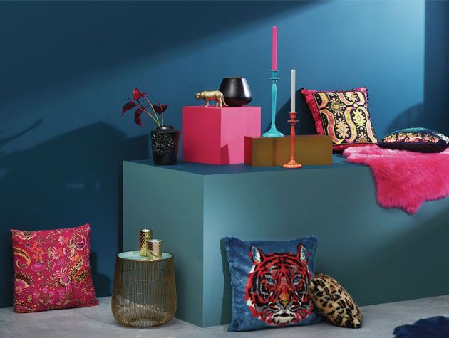 River Island Homeware Collection 2018 including tiger cushion, neon candle holders and ethnic cushions in pink and blue -river-island-living-room-goodhomesmagazine.com