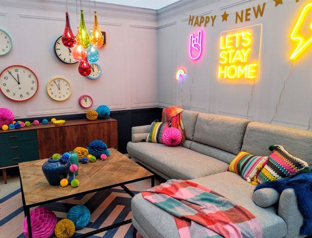 Colourful carnival-themed NYE living room roomset styled by Good Homes at the Ideal Home Show 2018 -roomsets-goodhomesmagazine.com