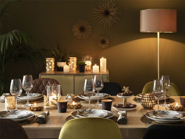 Green dining room with gold Christmas dining table decor -maisons-du-monde-living-room-goodhomesmagazine.com