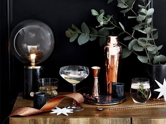 Side table decor turned into a cocktail station -debenhams-living-room-goodhomesmagazine.com