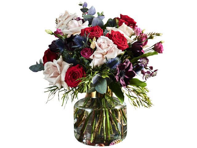 Bouquet of flowers including red, blue, purple and pink roses -bloom-and-wild-shopping-goodhomesmagazine.com