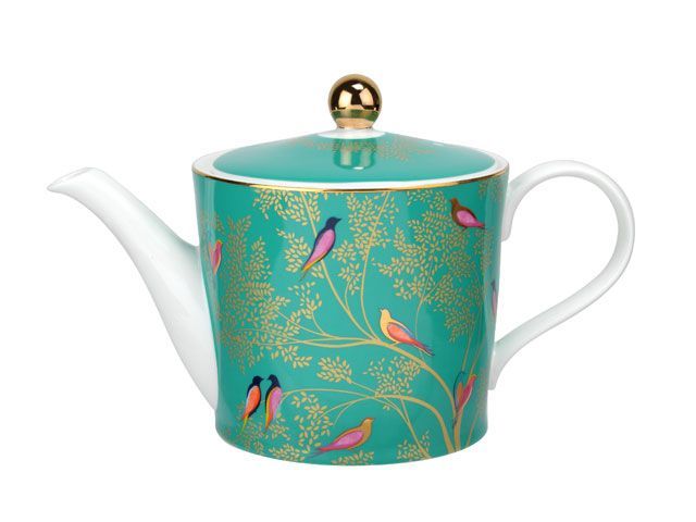 Green teapot with birds and gold tree print -sara-miller-shopping-goodhomesmagazine.com
