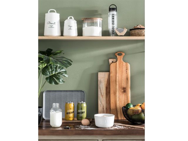 Green kitchen with wooden storage shelves maisons-du-monde-living-room-goodhomesmagazine,com