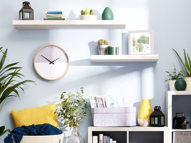 White wall hung shelves in living room wilko-living-room-goodhomesmagazine.com