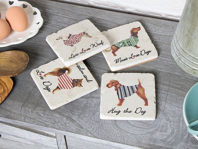 Four illustrated ceramic dog coasters, drawn with funky jackets on