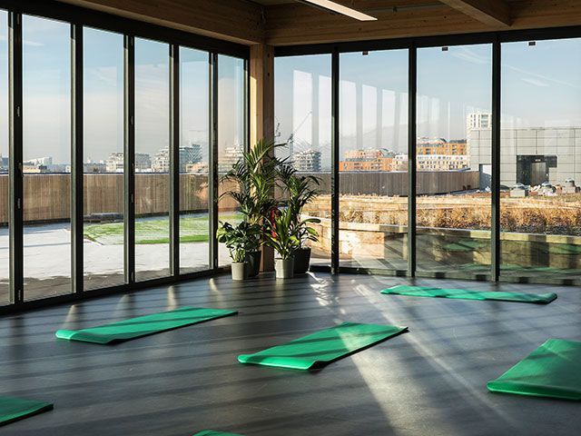 Ikea Greenwich's roof terrace, decked out with yoga mats ready for a workshop
