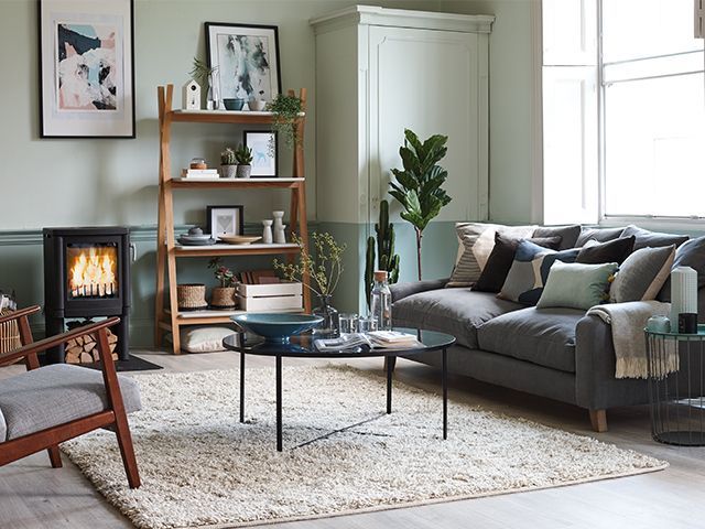  Nordic living room with sofa and log burner