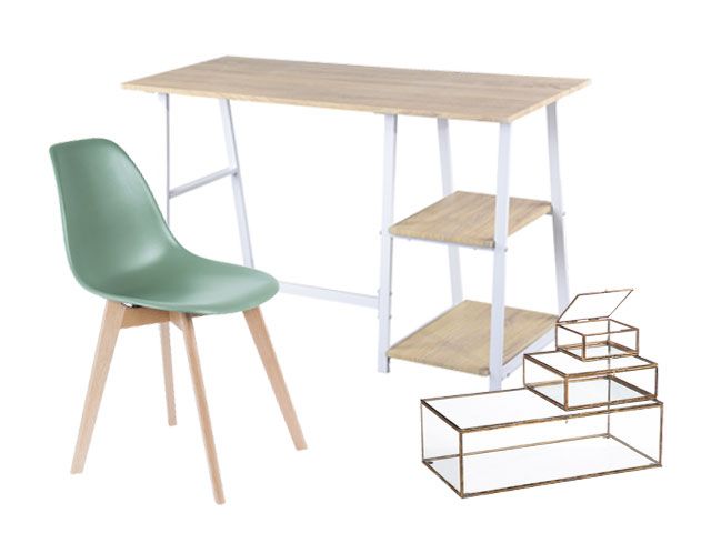A moodboard of Wayfair furniture, featuring a Scandi-style desk, mint chair and glass containers