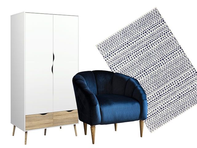 A moodboard of Wayfair furniture, featuring a Scandi-style wardrobe, navy velvet chair and monochrome rug