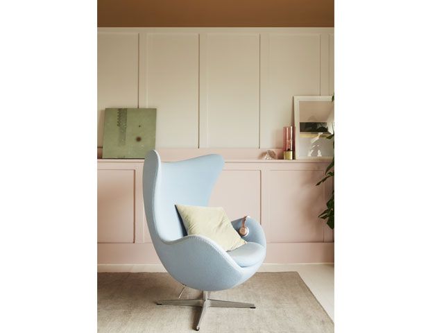 Pale blue armchair in bedroom with Dulux Colour of the Year 2019, Spiced Honey painted ceiling - living room - goodhomesmagazine.com