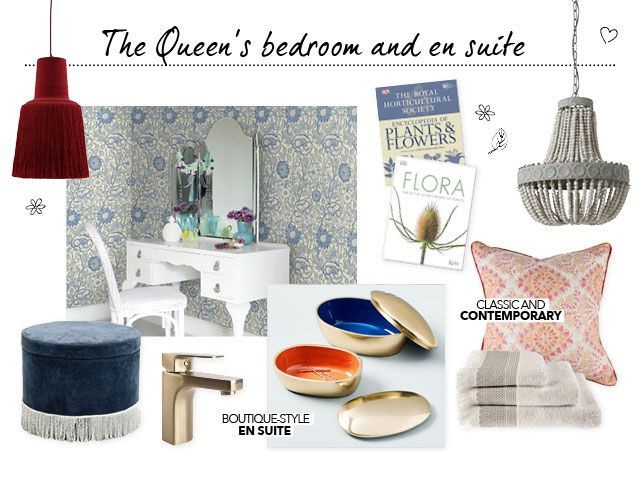 The Queen's imaginary bedroom and en suite moodboard for the Good Homes roomsets at Ideal Home Show 2019