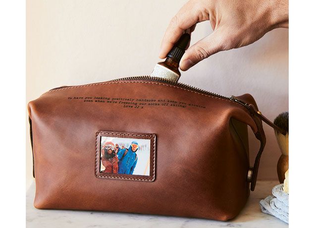 Vida Vida brown leather personalised wash bag with photo frame embossed on the bag -vida-vida-living-room-goodhomesmagazine.com